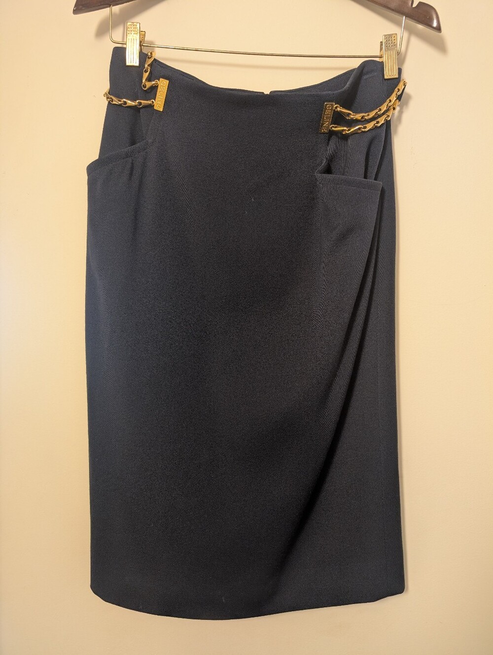 Céline Paris Navy Blue Wool Pencil Skirt with Gold Chain Accent